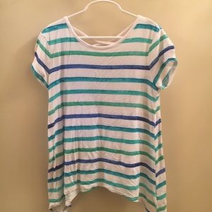A white Short sleeve shirt with green and blue
